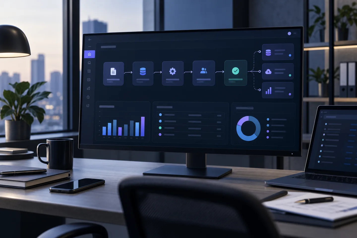Firemný dashboard zobrazujúci prepojený workflow, dáta a reporting